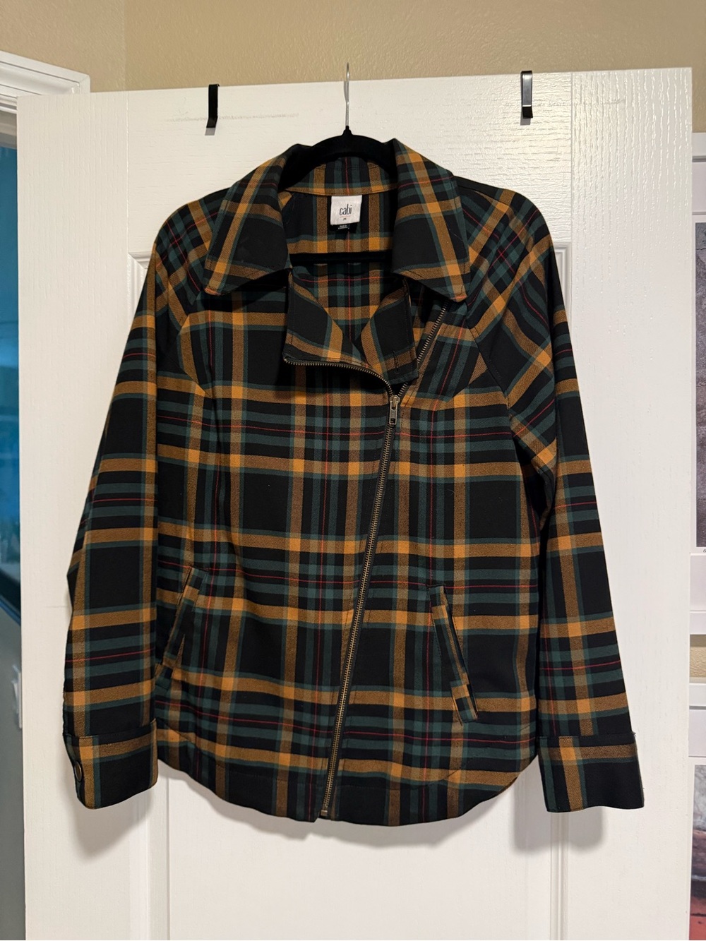CAbi Plaid Zip Jacket in Black, Mustard & Green